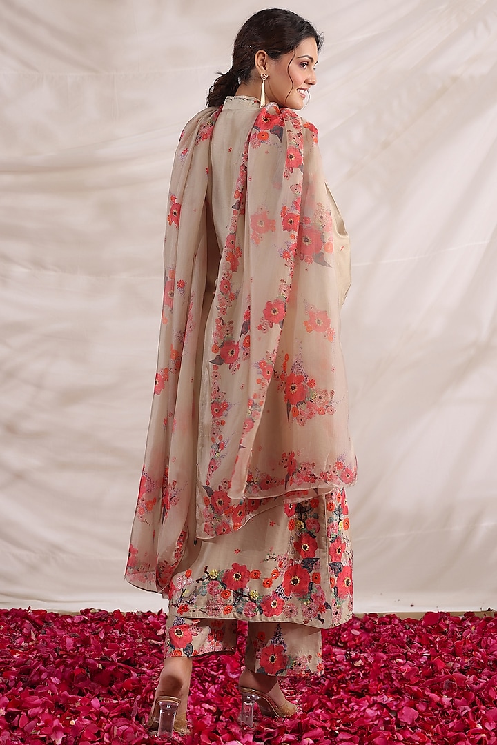 Ivory Silk Floral Printed & Embroidered Kurta Set by Niti Bothra at Pernia's Pop Up Shop