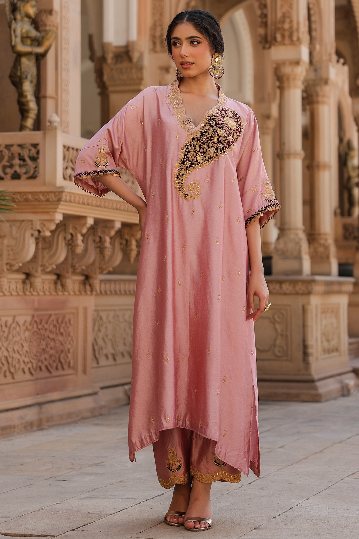 Light Pink Pure Silk Paisley Embroidered Kurta Set by Niti Bothra