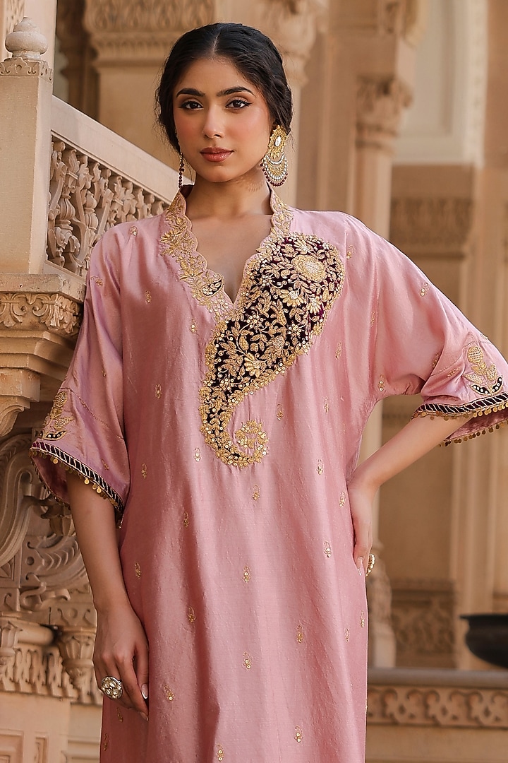 Light Pink Pure Silk Paisley Embroidered Kurta Set by Niti Bothra