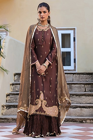 Brown Pure Silk Paisley Embroidered Kurta Set by Niti Bothra