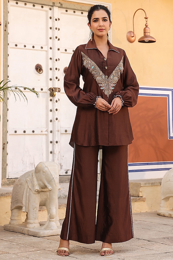 Brown Pure Silk Zardosi Embroidered Co-Ord Set by Niti Bothra at Pernia's Pop Up Shop