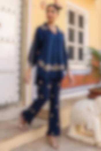 Dark Blue Pure Silk Zardosi Embroidered Co-Ord Set by Niti Bothra