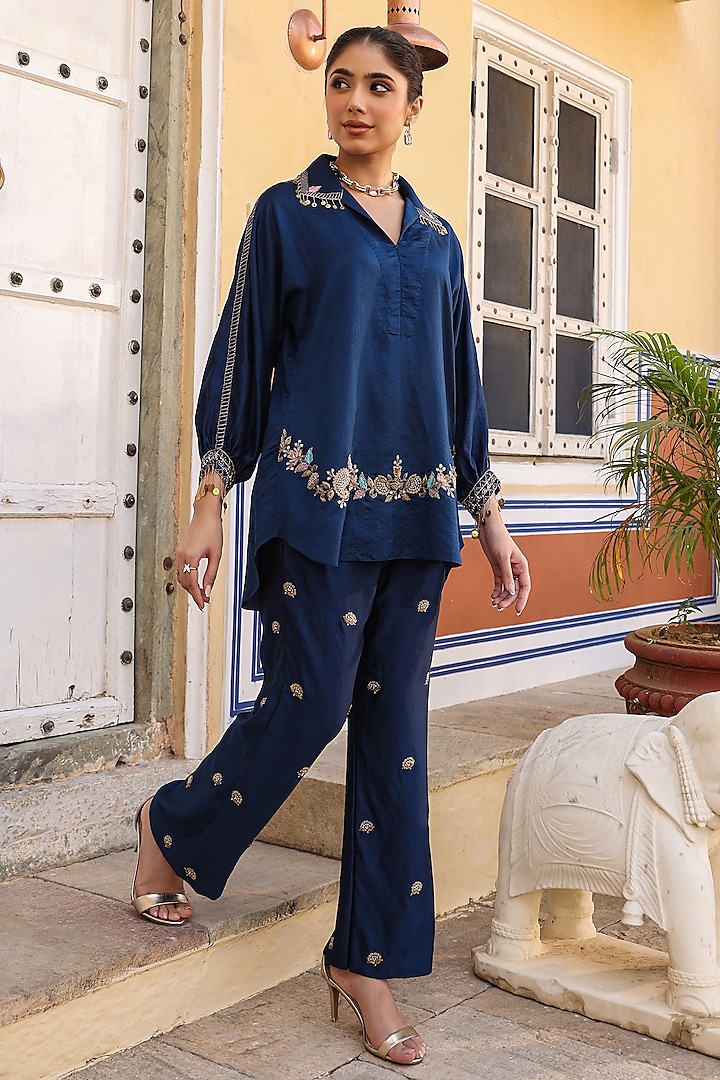 Dark Blue Pure Silk Zardosi Embroidered Co-Ord Set by Niti Bothra