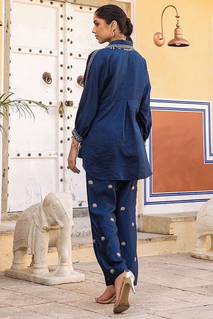 Dark Blue Pure Silk Zardosi Embroidered Co-Ord Set by Niti Bothra at Pernia's Pop Up Shop