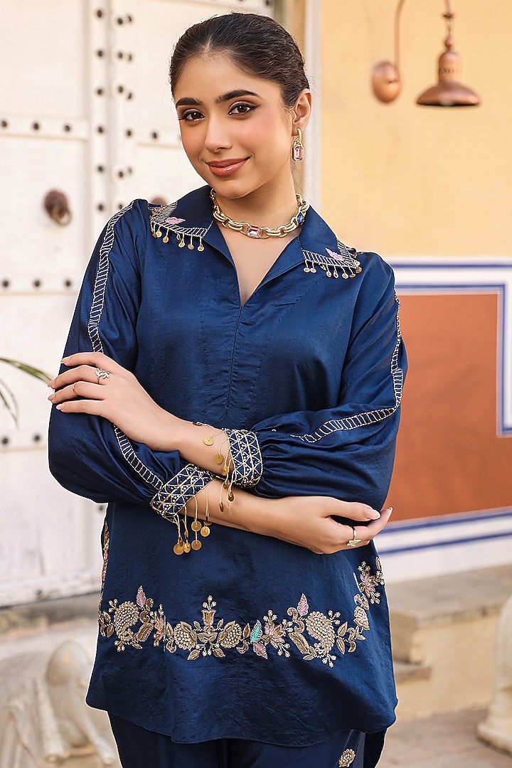 Dark Blue Pure Silk Zardosi Embroidered Co-Ord Set by Niti Bothra at Pernia's Pop Up Shop