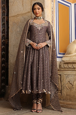 Purple Silk Zardosi Hand Embroidered Kalidar Anarkali Set by Niti Bothra