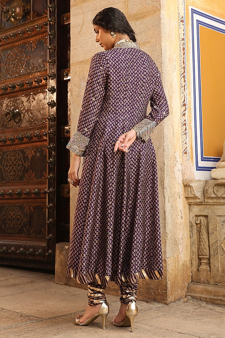 Purple Silk Zardosi Hand Embroidered Kalidar Wedding Anarkali Set by Niti Bothra at Pernia's Pop Up Shop