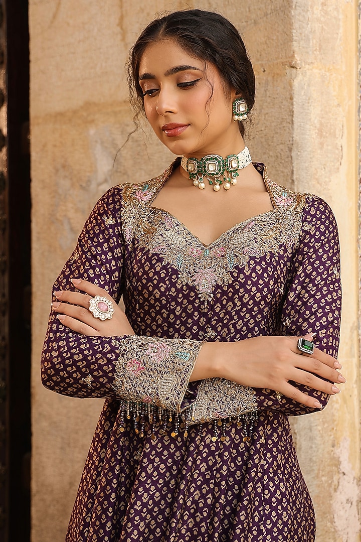 Purple Silk Zardosi Hand Embroidered Kalidar Wedding Anarkali Set by Niti Bothra at Pernia's Pop Up Shop