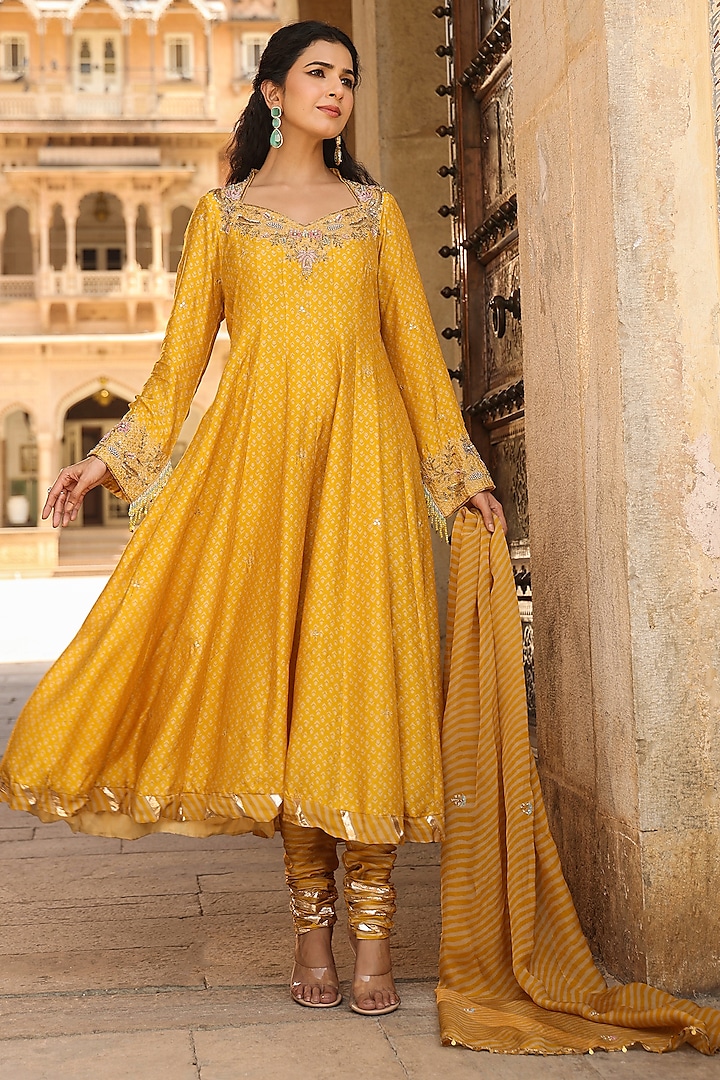 Mustard Silk Zardosi Hand Embroidered Kalidar Anarkali Set by Niti Bothra