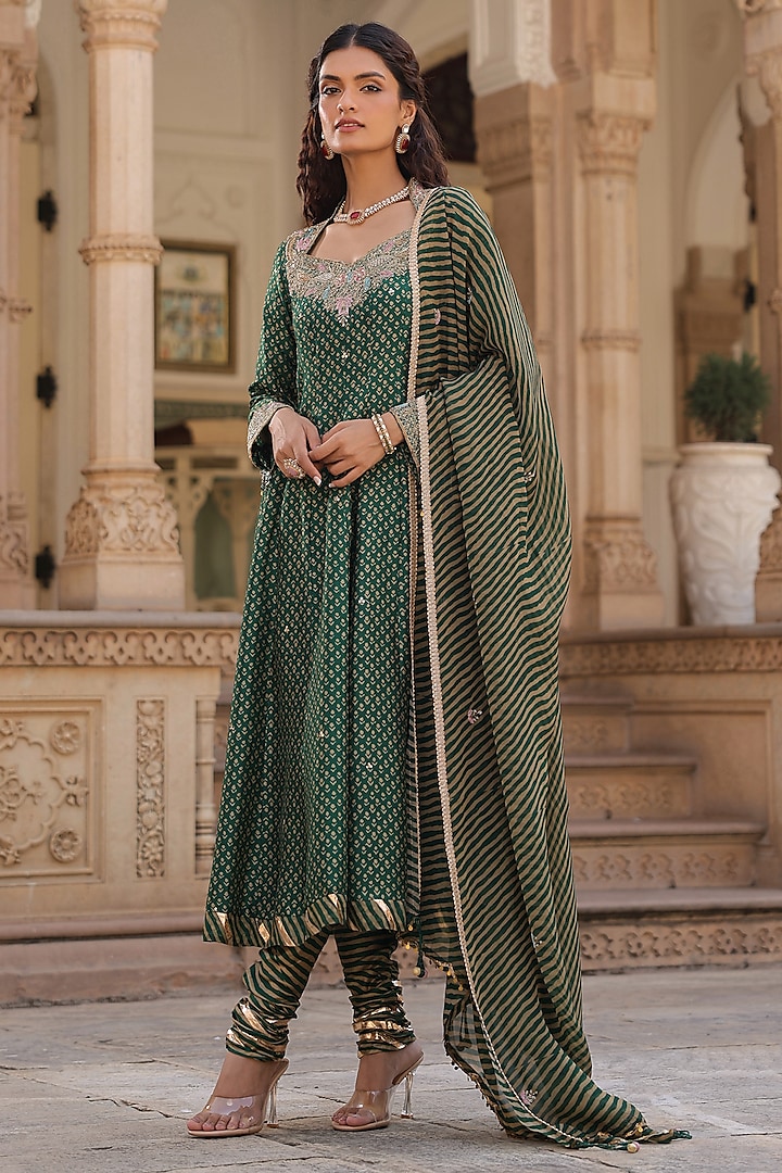 Emerald Green Silk Zardosi Hand Embroidered Kalidar Anarkali Set by Niti Bothra at Pernia's Pop Up Shop