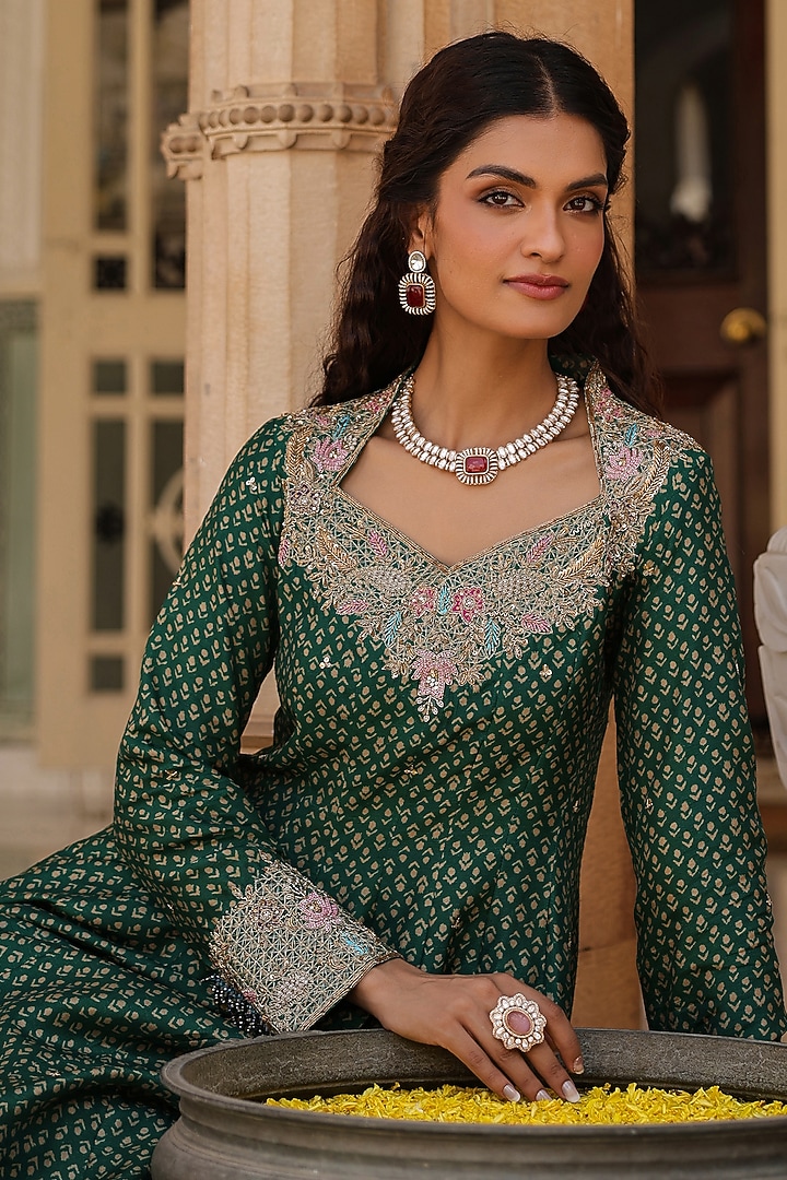 Emerald Green Silk Zardosi Hand Embroidered Kalidar Anarkali Set