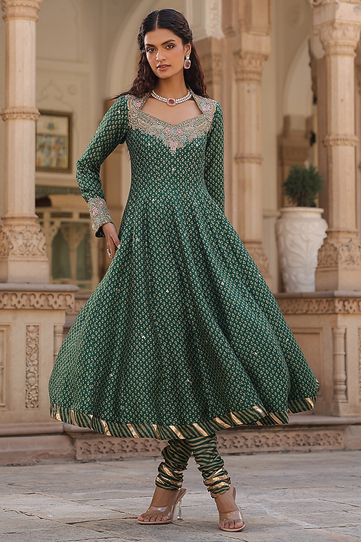 Emerald Green Silk Zardosi Hand Embroidered Kalidar Wedding Anarkali Set by Niti Bothra at Pernia's Pop Up Shop