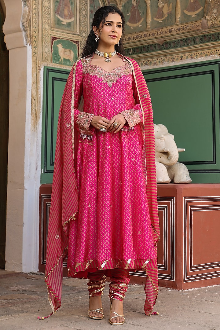 Pink Silk Zardosi Hand Embroidered Kalidar Anarkali Set by Niti Bothra at Pernia's Pop Up Shop