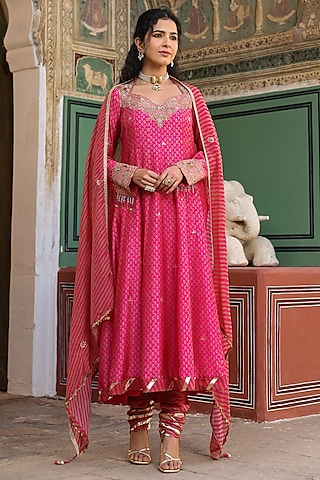 Pink Silk Zardosi Hand Embroidered Kalidar Anarkali Set by Niti Bothra