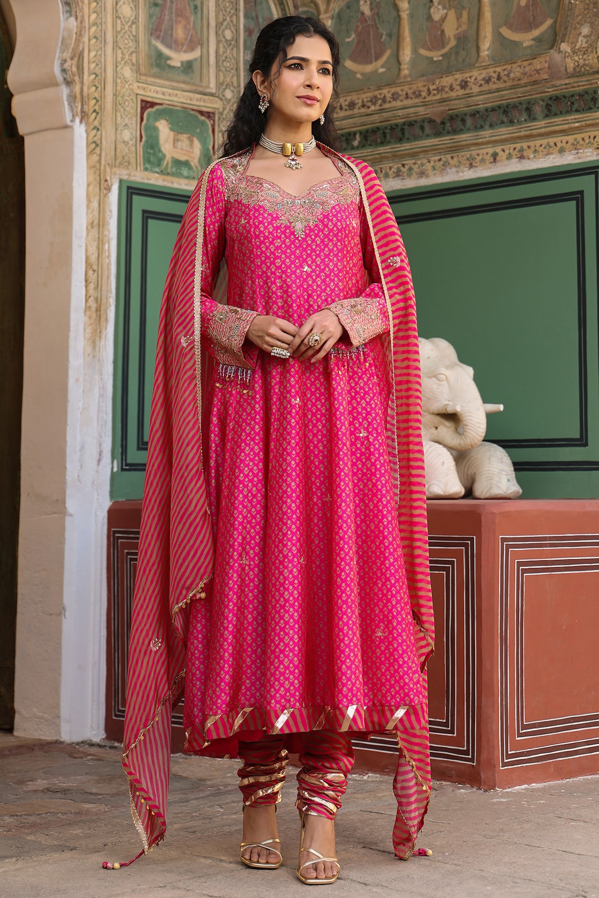 Pink Silk Zardosi Hand Embroidered Kalidar Anarkali Set by Niti