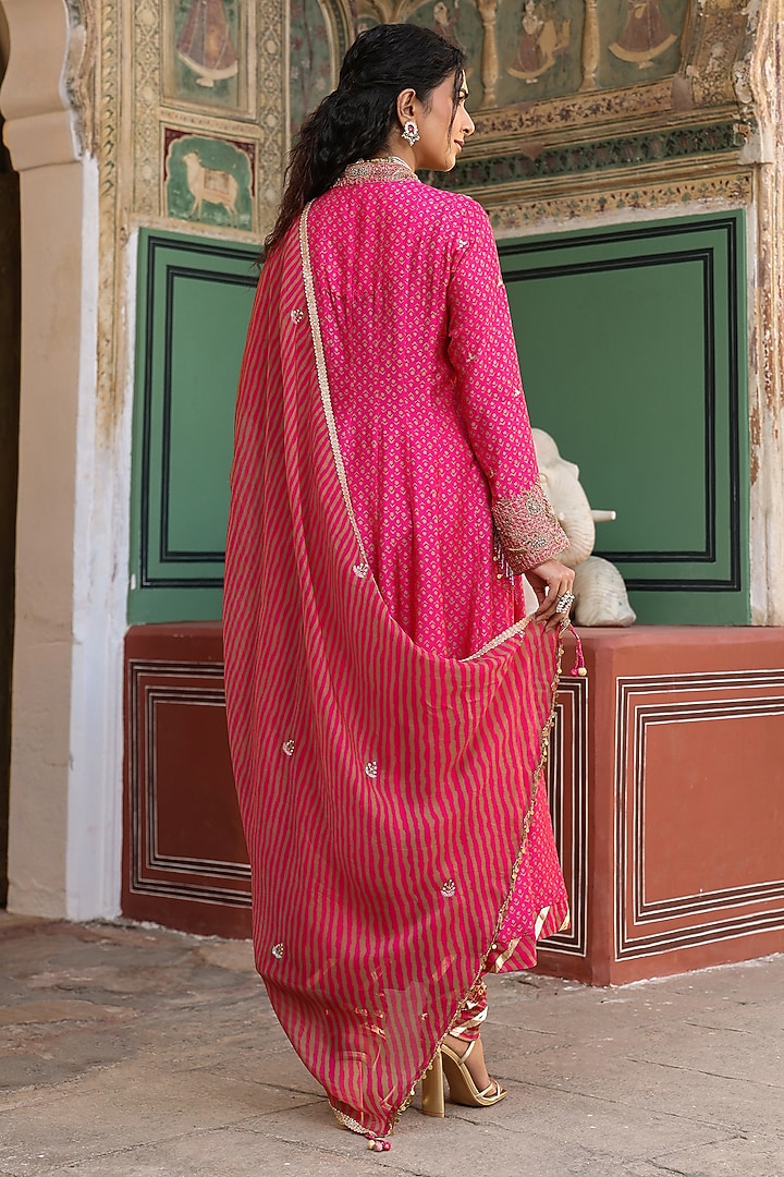 Pink Silk Zardosi Hand Embroidered Kalidar Anarkali Set by Niti