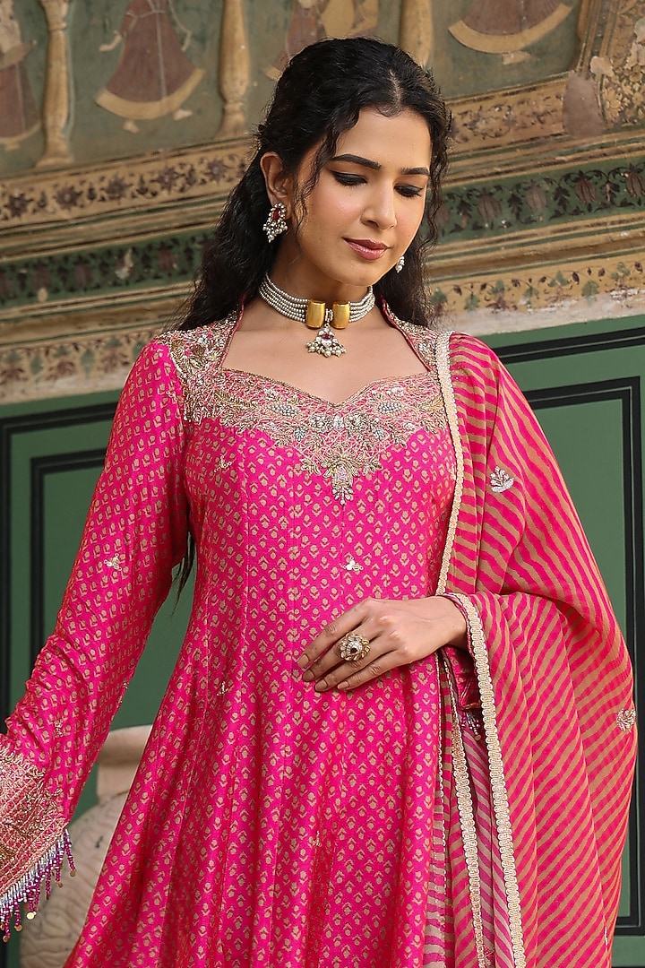 Pink Silk Zardosi Hand Embroidered Kalidar Wedding Anarkali Set by Niti Bothra at Pernia's Pop Up Shop