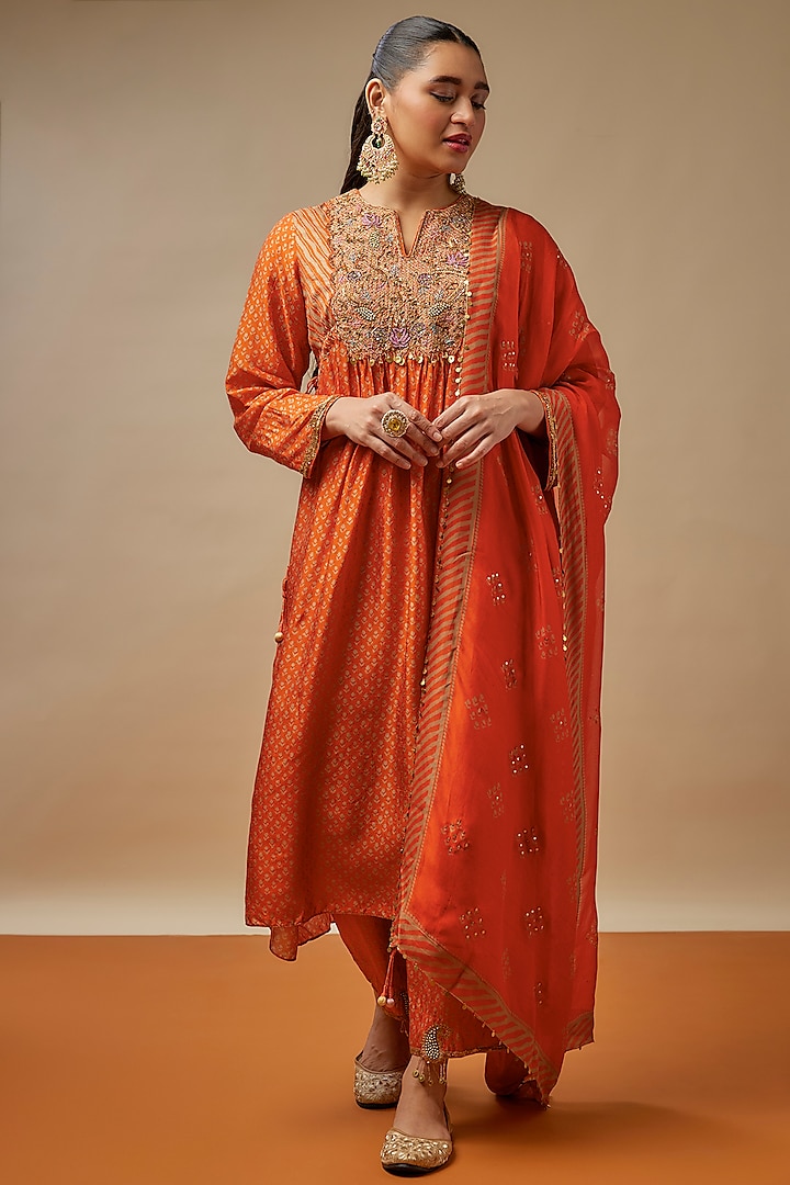 Orange Silk Blend Hand Embroidered & Printed Kurta Set by Niti Bothra at Pernia's Pop Up Shop