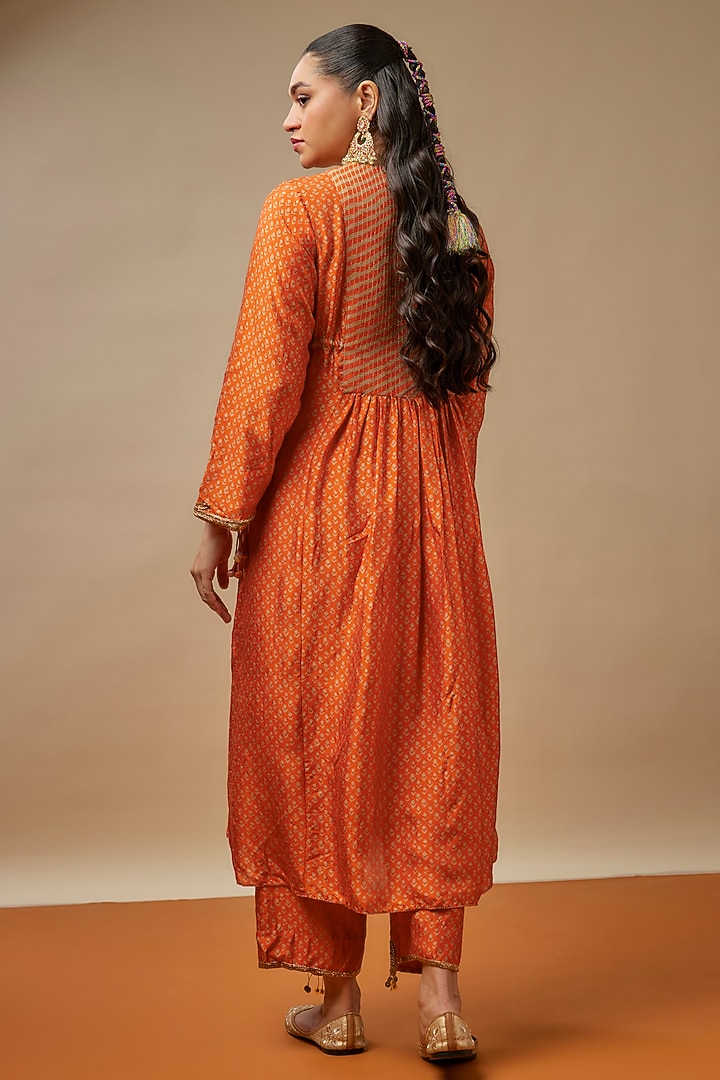Orange Silk Blend Hand Embroidered & Printed Kurta Set by Niti Bothra at Pernia's Pop Up Shop