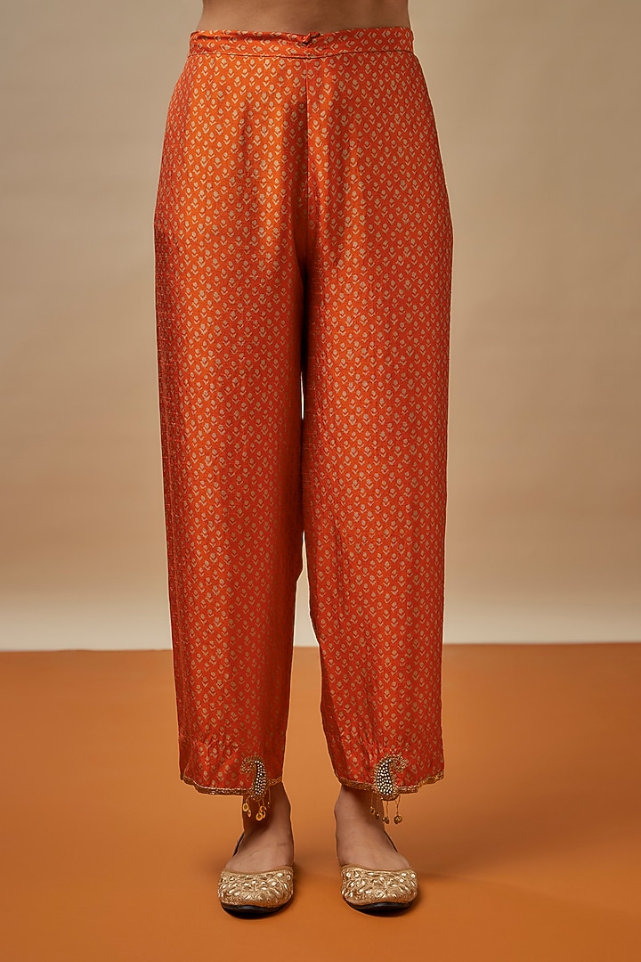Orange Silk Blend Hand Embroidered & Printed Kurta Set by Niti Bothra at Pernia's Pop Up Shop
