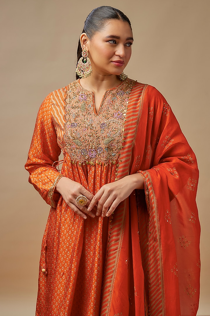 Orange Silk Blend Hand Embroidered & Printed Kurta Set by Niti Bothra at Pernia's Pop Up Shop