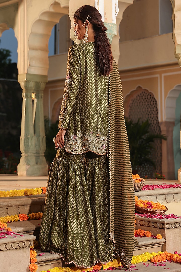 Olive Green Silk Printed Wedding Sharara Set by Niti Bothra at Pernia's Pop Up Shop