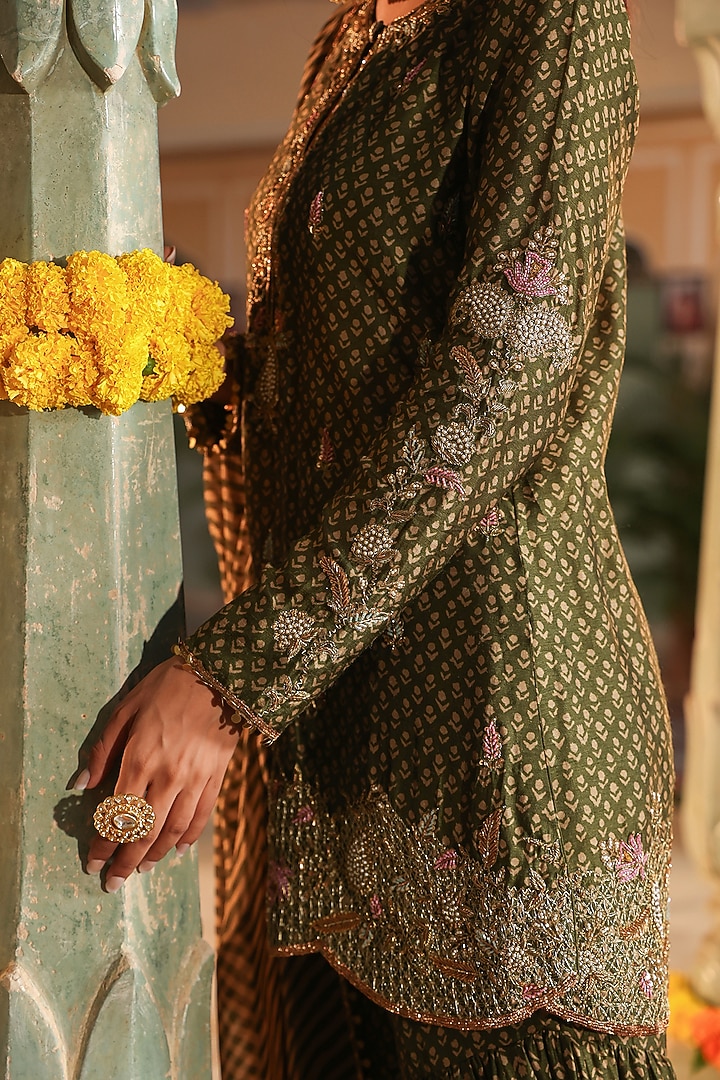 Olive Green Silk Printed Wedding Sharara Set by Niti Bothra at Pernia's Pop Up Shop
