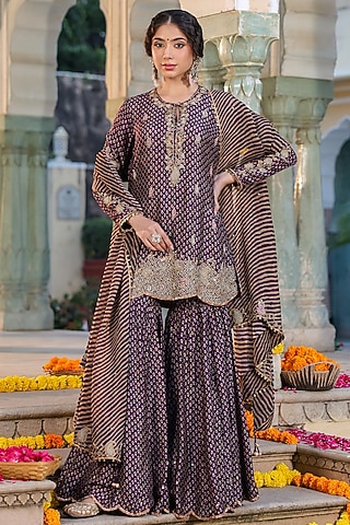Purple Silk Printed Sharara Set by Niti Bothra