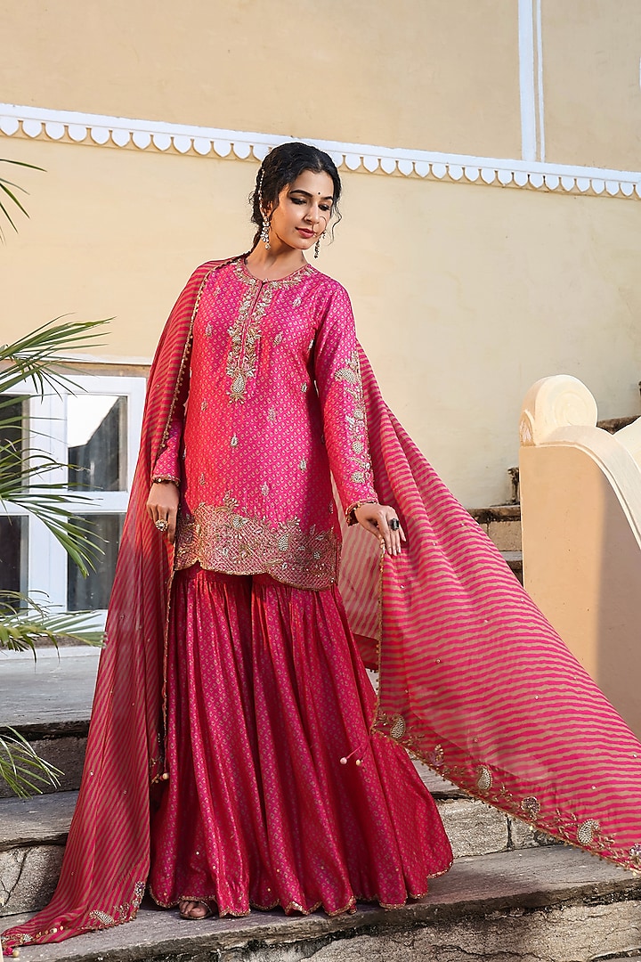 Pink Silk Printed Sharara Set by Niti Bothra