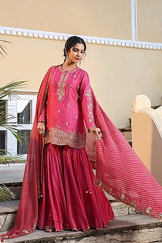 Pink Silk Printed Sharara Set by Niti Bothra