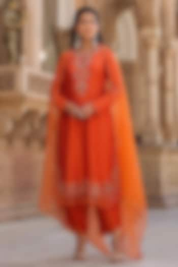 Orange Pure Silk Sequins Embroidered Kurta Set by Niti Bothra