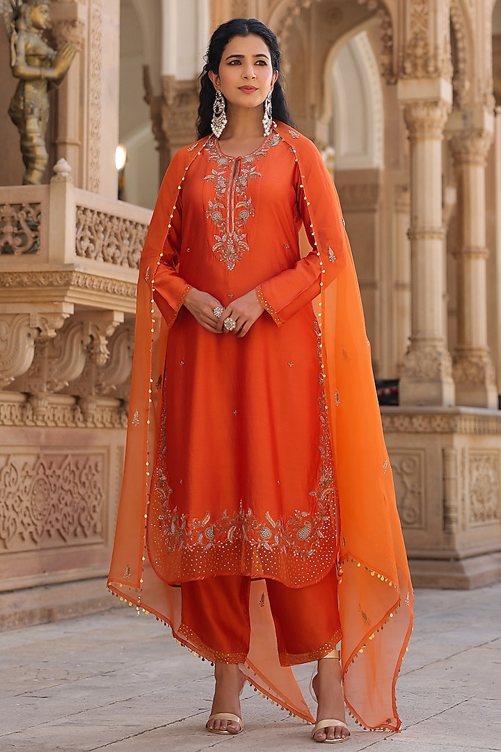 Orange Pure Silk Sequins Embroidered Kurta Set by Niti Bothra