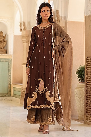 Brown Pure Silk Paisley Embroidered Kurta Set by Niti Bothra