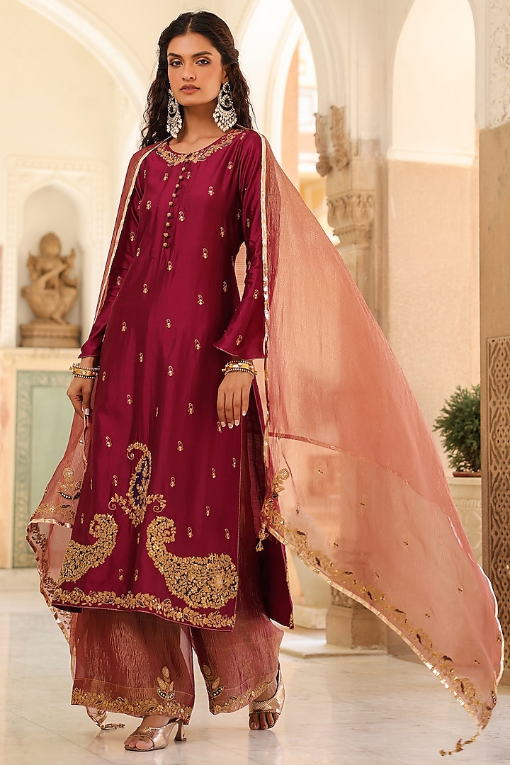 Wine Pure Silk Paisley Embroidered Kurta Set by Niti Bothra