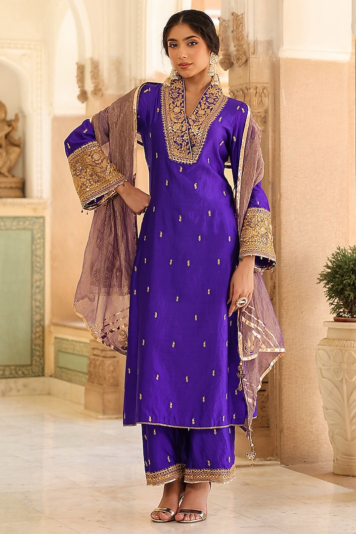 Ink Blue Pure Silk Embroidered Kurta Set by Niti Bothra