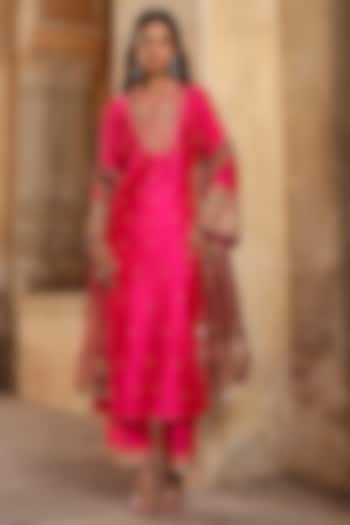 Pink Pure Silk Embroidered Kurta Set by Niti Bothra