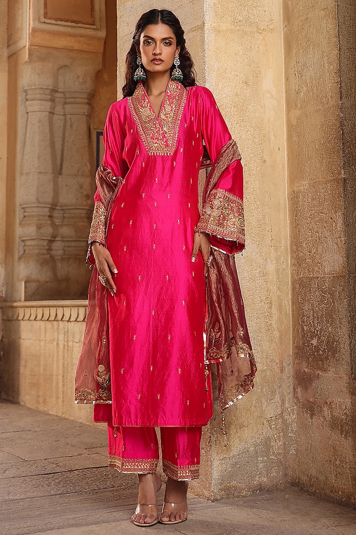 Pink Pure Silk Embroidered Kurta Set by Niti Bothra