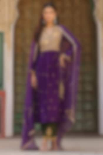 Purple Pure Silk Zari Embroidered Kurta Set by Niti Bothra