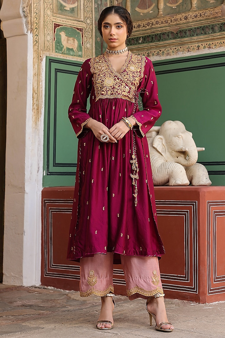 Wine Pure Silk Zari Embroidered Kurta Set by Niti Bothra