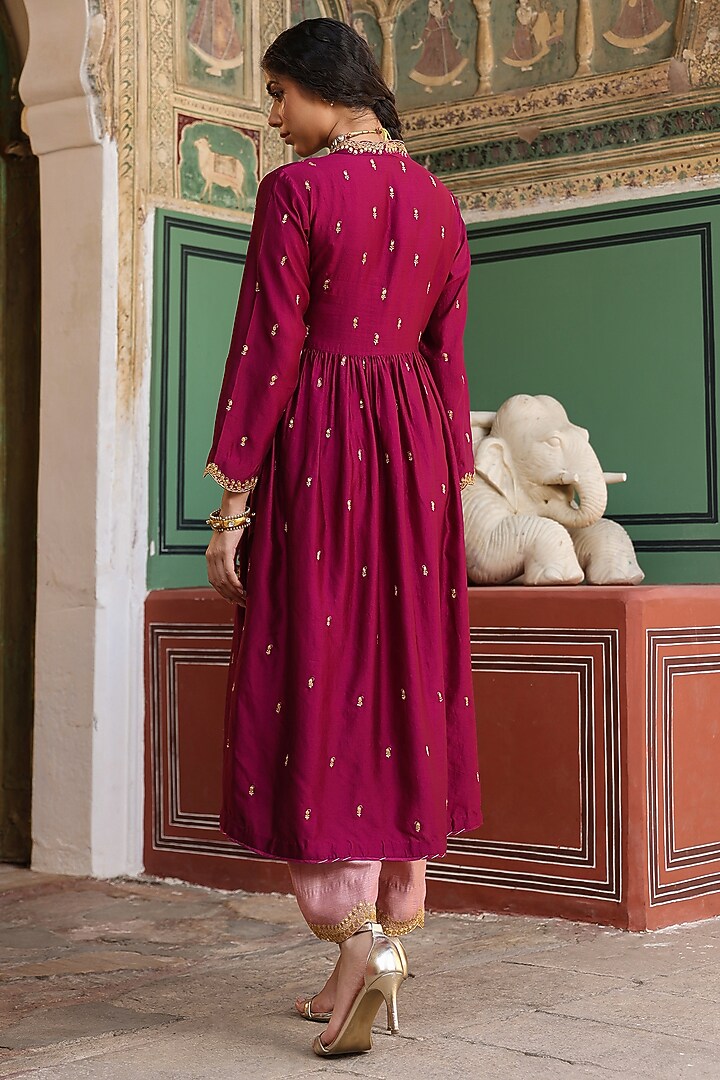 Wine Pure Silk Zari Embroidered Kurta Set by Niti Bothra at Pernia's Pop Up Shop