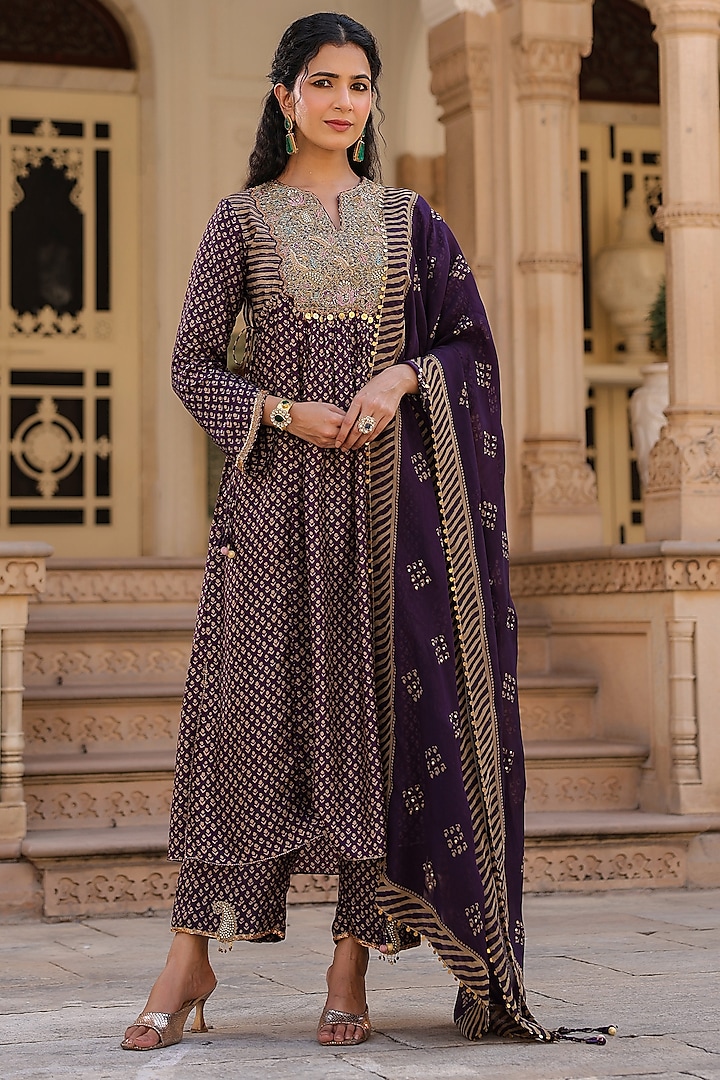 Purple Silk Zardosi Embroidered & Printed Kurta Set by Niti Bothra