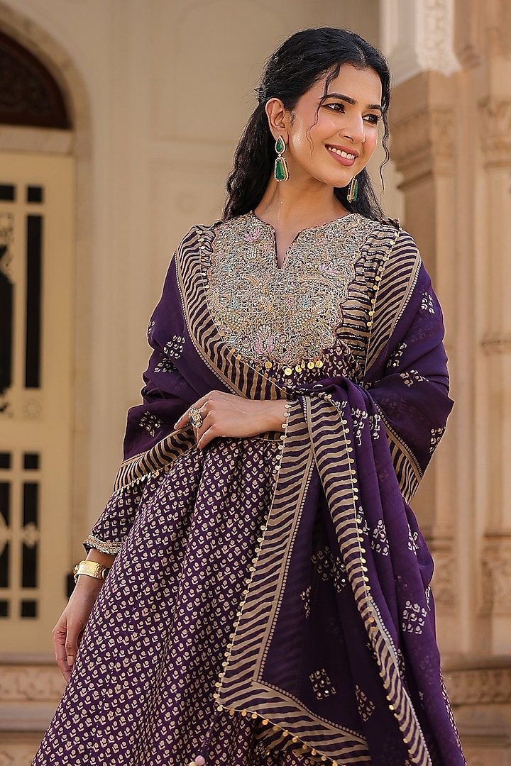 Purple Silk Zardosi Embroidered & Printed Kurta Set by Niti Bothra at Pernia's Pop Up Shop