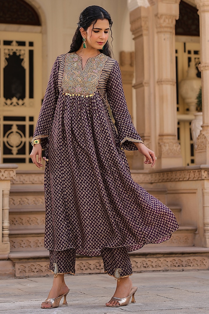Purple Silk Zardosi Embroidered & Printed Kurta Set by Niti Bothra at Pernia's Pop Up Shop