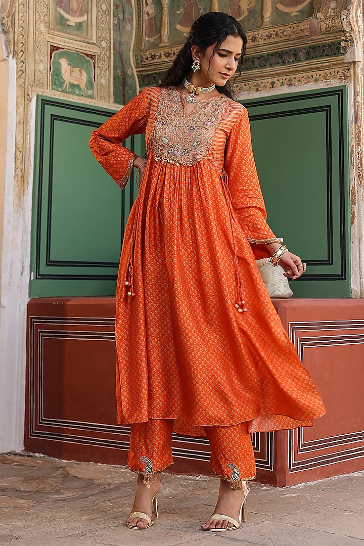 Orange Silk Zardosi Embroidered & Printed Kurta Set by Niti Bothra