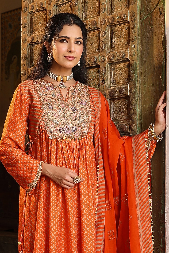 Orange Silk Zardosi Embroidered & Printed Kurta Set by Niti Bothra at Pernia's Pop Up Shop