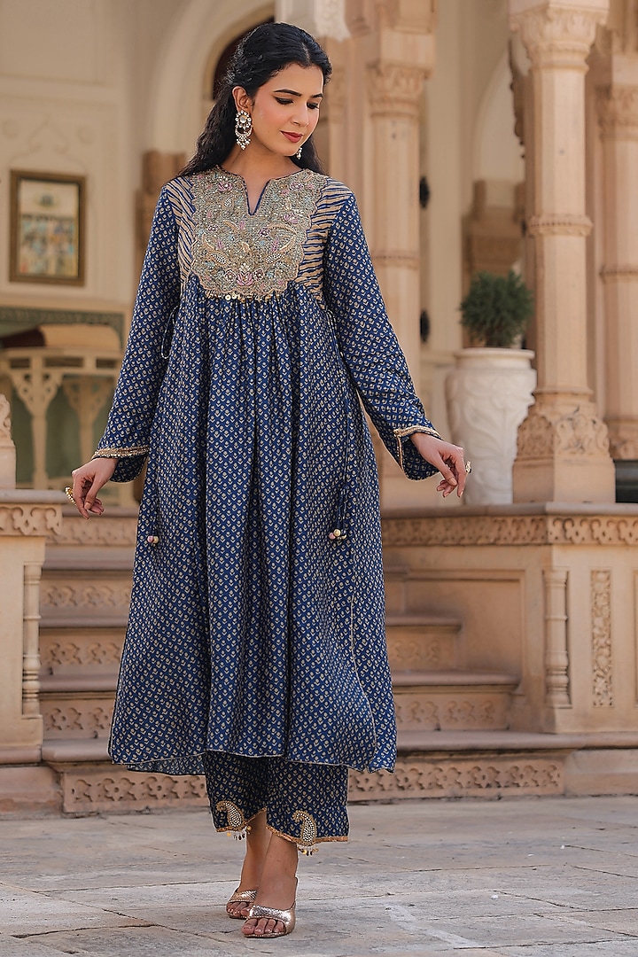 Indigo Silk Zardosi Embroidered & Printed Kurta Set by Niti Bothra