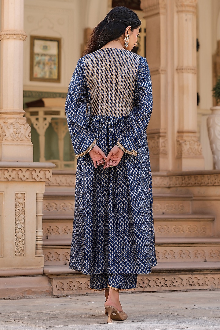 Indigo Silk Zardosi Embroidered & Printed Kurta Set by Niti Bothra at Pernia's Pop Up Shop