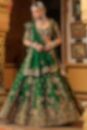 Green Chiniya Silk Applique & Zardosi Embroidered Bridal Lehenga Set by Niti Bothra at Pernia's Pop Up Shop