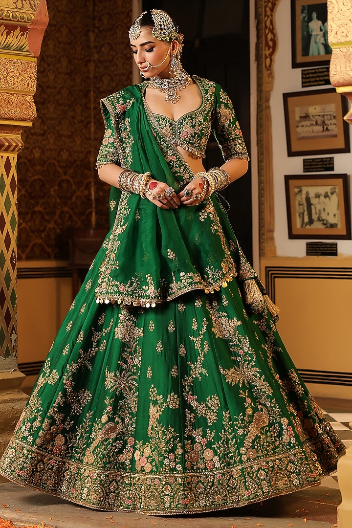 Green Chiniya Silk Applique & Zardosi Embroidered Bridal Lehenga Set by Niti Bothra at Pernia's Pop Up Shop