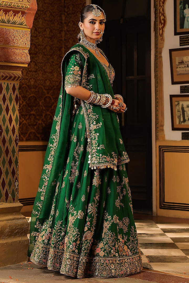 Green Chiniya Silk Applique & Zardosi Embroidered Bridal Lehenga Set by Niti Bothra at Pernia's Pop Up Shop